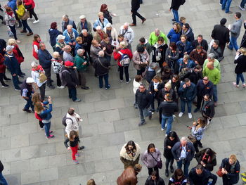 High angle view of people walking on street