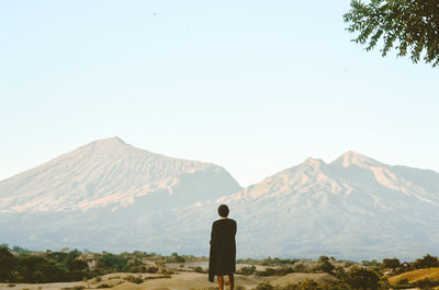 Rear view of man looking at mountains against clear sky