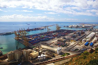 High angle view of commercial dock against sky