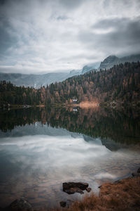 Scenic view of lake by mountains against sky