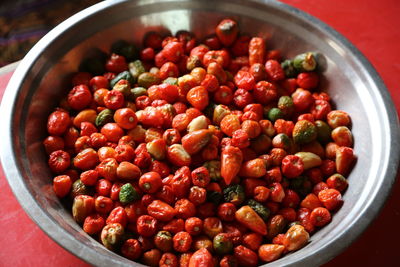 High angle view of chilies in bowl