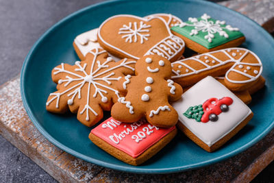 High angle view of cookies in plate on table