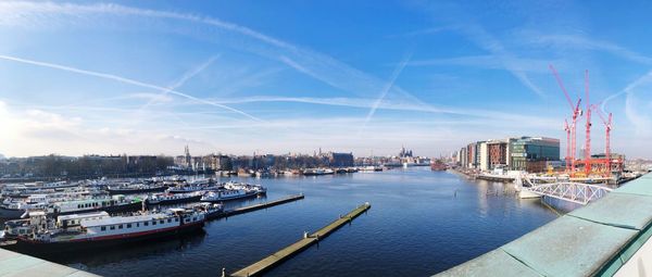 Panoramic view of sea and buildings against blue sky amsterdam