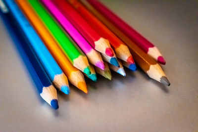 High angle view of colored pencils on table