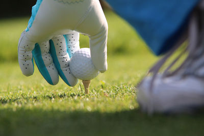 Cropped image of person placing golf ball on tee
