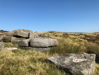 Rocks on field against clear blue sky