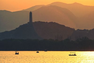 Scenic view of lake against sky during sunset