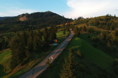 High angle view of mountain road amidst trees