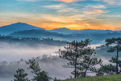 Scenic view of tree mountains against sky during sunset