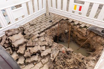 High angle view of stacked stack by window