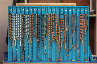 Close-up of praying beads in row