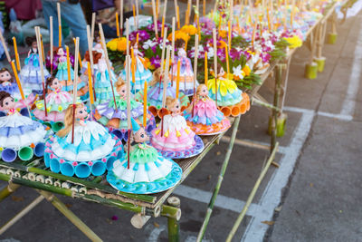 High angle view of various flowers for sale at market stall