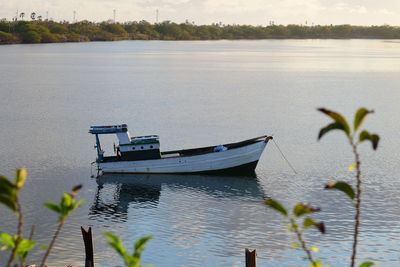 Fishing boat moored in lake