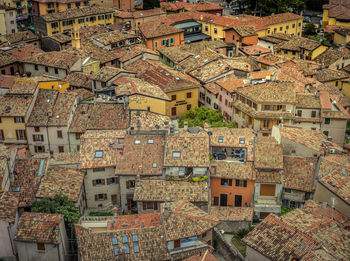 High angle view of residential buildings in city