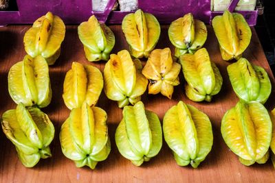 High angle view of starfruits on table