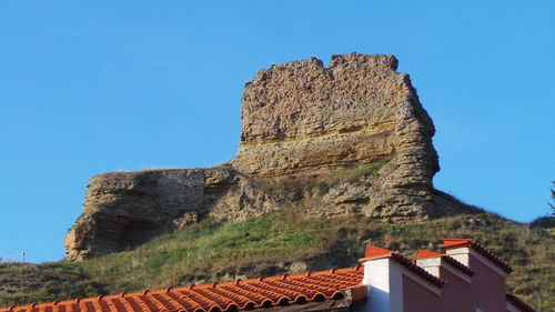 Low angle view of built structure against clear blue sky