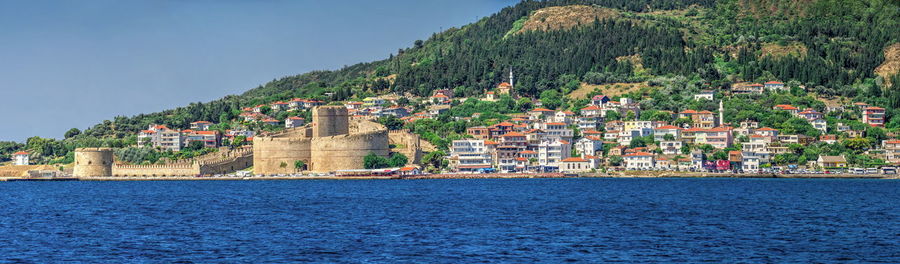 Scenic view of sea by town against sky