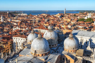 Venice city and basilica di san marco rooftop viewed from campanile di san marco in venice, italy.