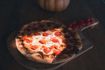 High angle view of pizza on table