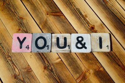 Directly above shot of text blocks on wooden table