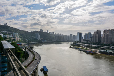 High angle view of city at waterfront