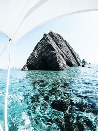 Scenic view of rock formation in sea against sky