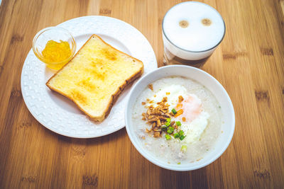 High angle view of breakfast served on table