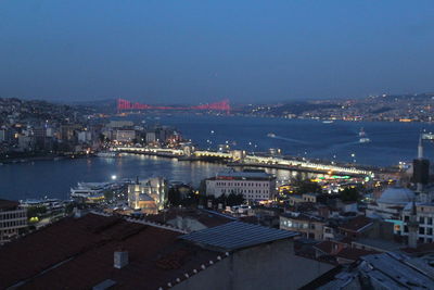 High angle view of illuminated cityscape at night