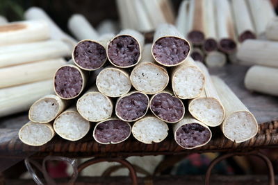 Close-up of food rolled up on table