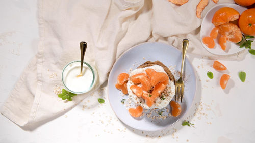 High angle view of food in plate on table