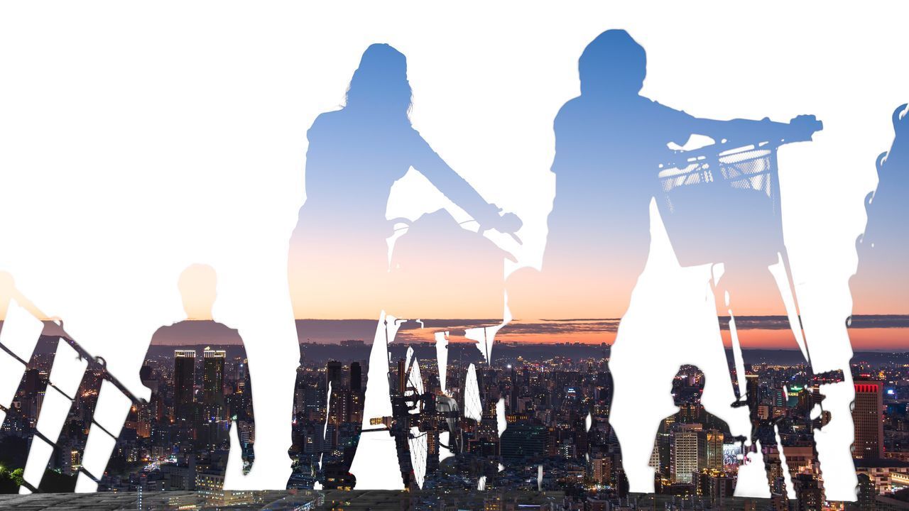 SILHOUETTE PEOPLE STANDING AT BEACH AGAINST CLEAR SKY