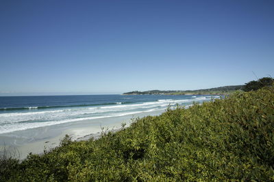 Scenic view of sea against clear blue sky