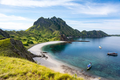 Scenic view of sea and mountains against sky