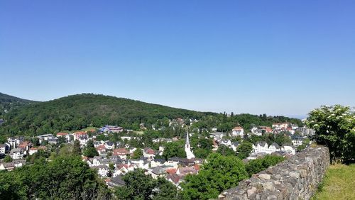 View of townscape against clear blue sky