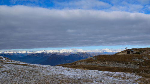 Scenic view of snowcapped mountains against sky
