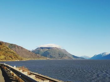 Scenic view of mountains against clear blue sky