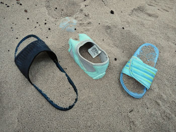 High angle view of shoes on sand at beach