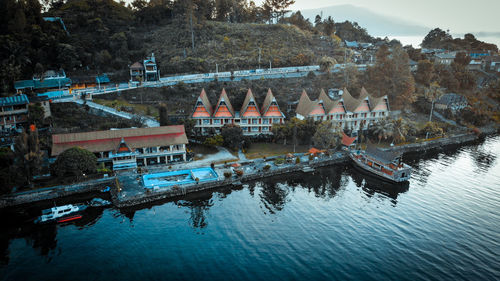 High angle view of buildings in city