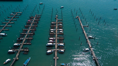 High angle view of ship sailing in water