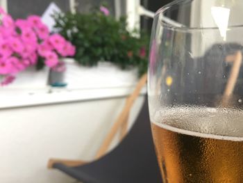 Close-up of beer glass on table