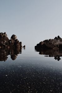 Rock formations in water against clear sky