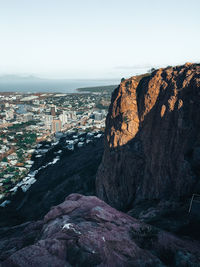 Panoramic view of buildings in city against clear sky