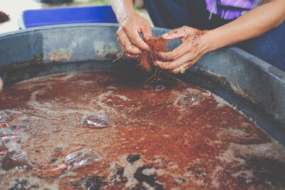 High angle view of person preparing food