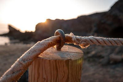 Close-up of rope tied on wooden post