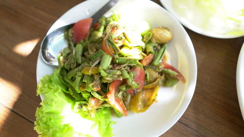 High angle view of meal served on table