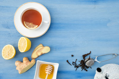 High angle view of coffee served on table