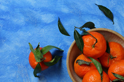 High angle view of fruits in blue container