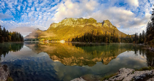 Scenic view of lake by trees against sky