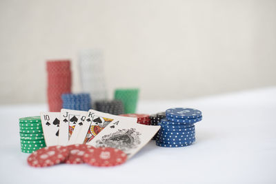 Close-up of objects on table against white background