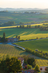 Landscape of the hills of monferrato in piedmont in northern italy at sunset time golden hour